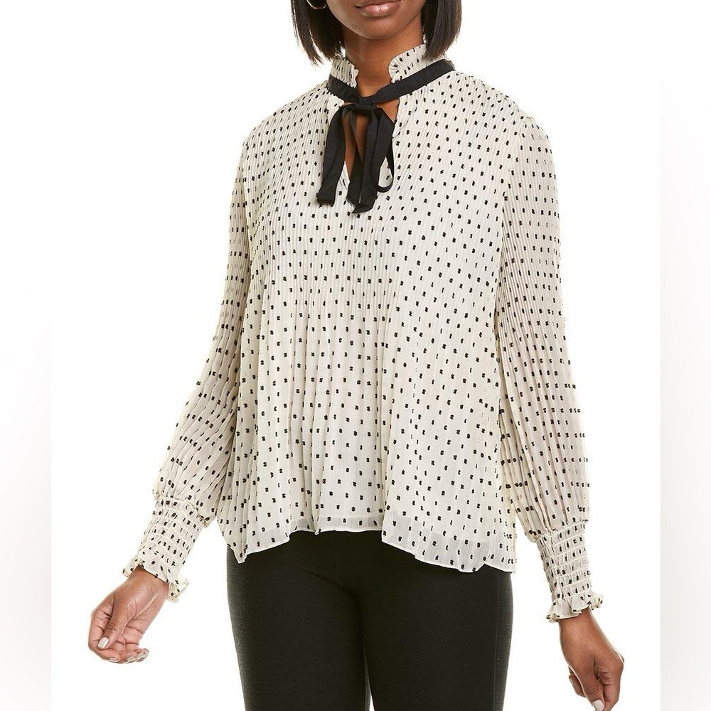 Max Studio 🎀 Pleated Swiss Dot Necktie Blouse
